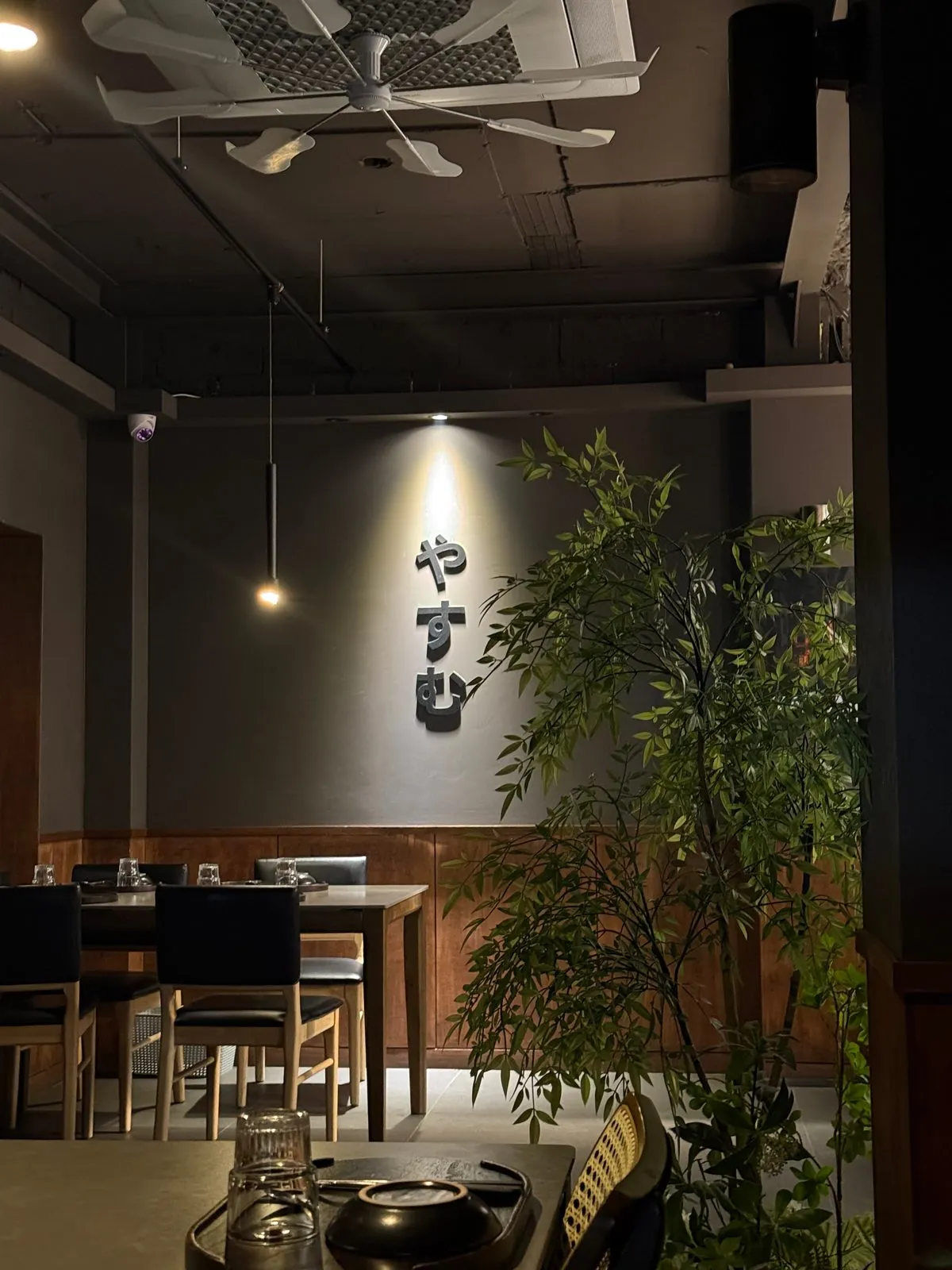 An interior with the restaurant name on the wall, plants, and tables
