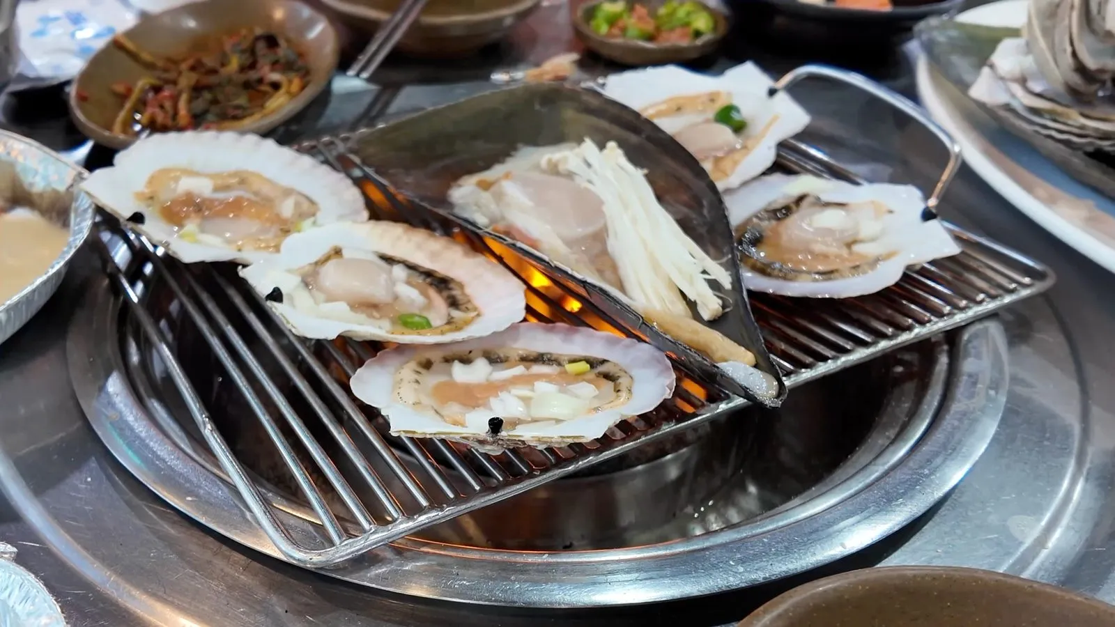 숯불 석쇠 위에서 익고 있는 가리비와 키조개